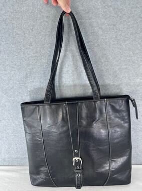Buxton Faux Black Leather Laptop Bag Shoulder Straps Buckle Detail 16" Y2K Style